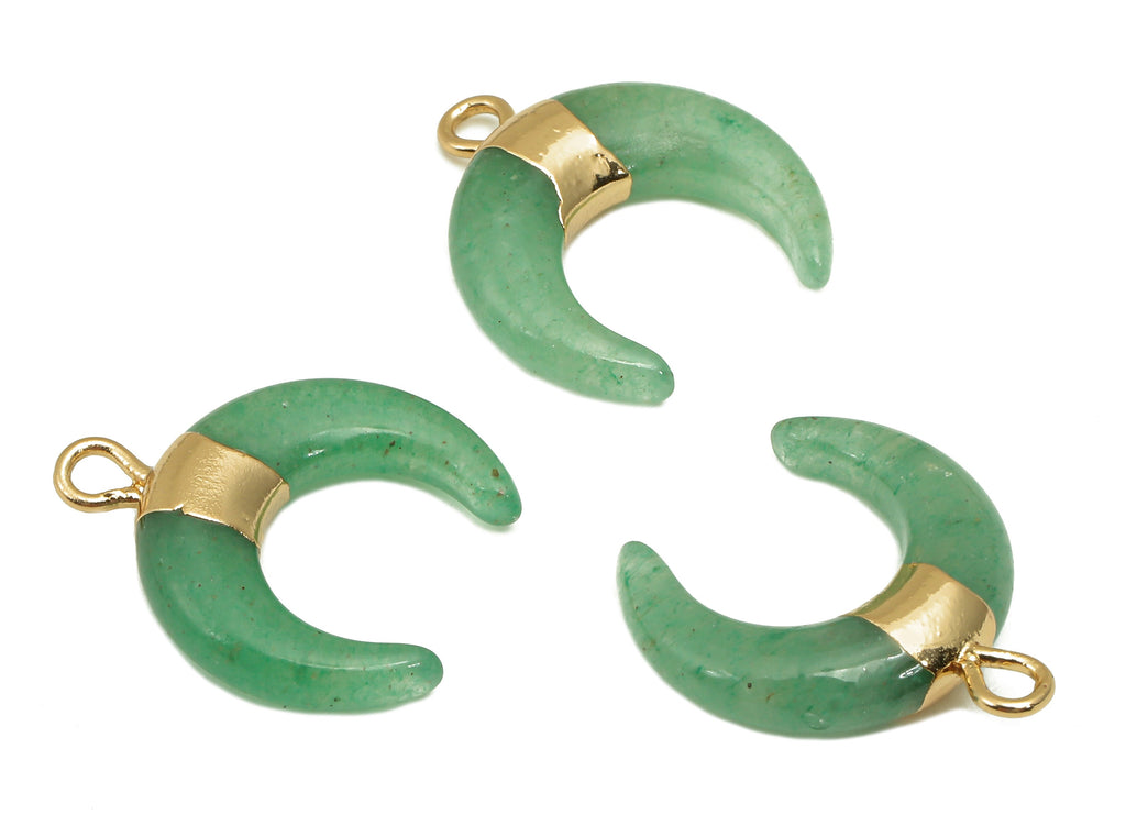 Brass Green Crescent Aventurine - Moon Gemstone Pendant With Loop - Natural Stone - Gold Tone Plated Brass - 15.7x18.2x3.7mm - NS1889D - DOMEDBAZAAR