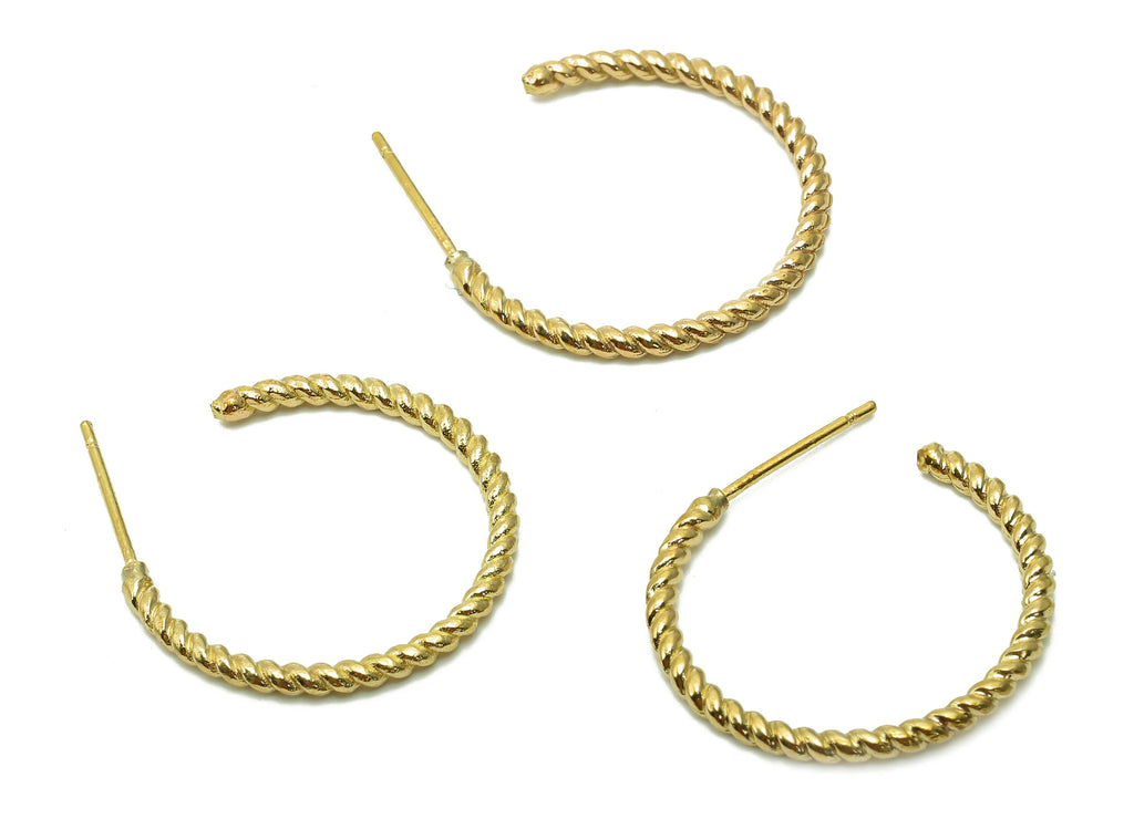 Brass Twisted Hoop Earrings Stud - Raw Brass Open Round C Earring Post - Hoop Stud Earring - 925 Silver Needles - 24.5x29.6x1.9mm - PP8005 - DOMEDBAZAAR