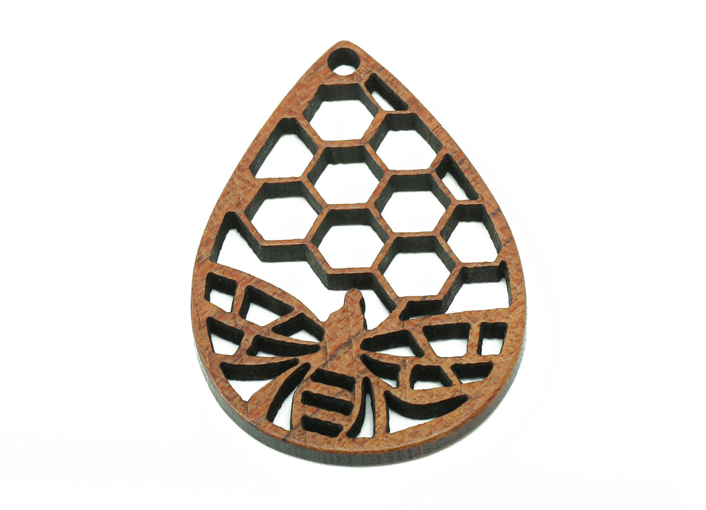Mahogany Wood Honeycomb Drop Charm - Coffee Color Bee Teardrop Earring - Hollow Pendant With Hole - For Necklace - 36.6x24.7x2.4mm - BB1299 - DOMEDBAZAAR