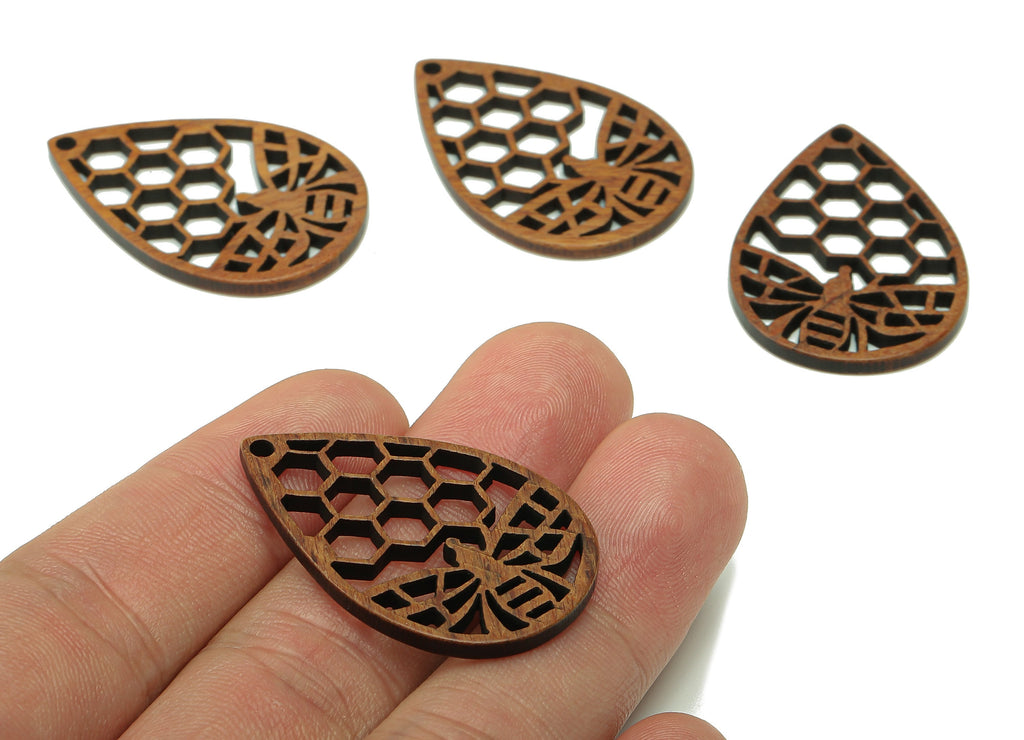 Mahogany Wood Honeycomb Drop Charm - Coffee Color Bee Teardrop Earring - Hollow Pendant With Hole - For Necklace - 36.6x24.7x2.4mm - BB1299 - DOMEDBAZAAR