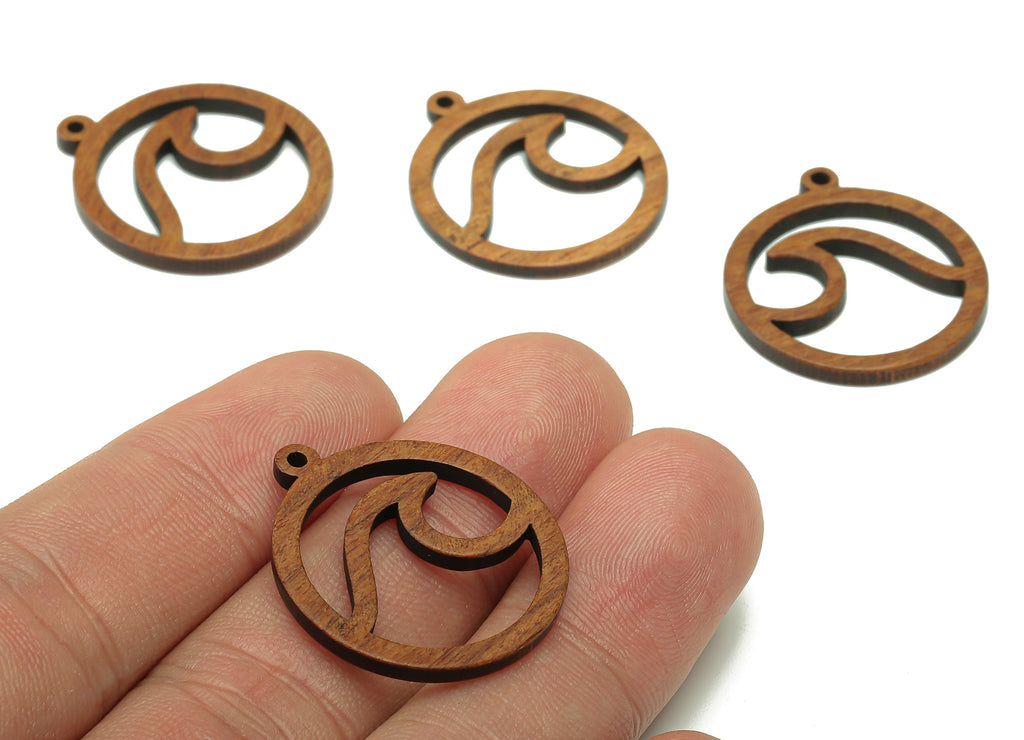 Mahogany Wood Wave Round Charm - Coffee Color Wavy Circle Earring - Hollow Pendant With Loop - For Necklace - 28.1x24.8x2mm - BB1301 - DOMEDBAZAAR