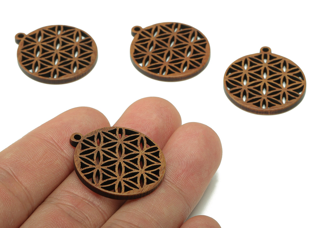 Mahogany Wood Flower Round Charm - Coffee Color Flower Circle Earring - Hollow Pendant With Loop - For Necklace - 28.9x26.1x2.3mm - BB1302 - DOMEDBAZAAR