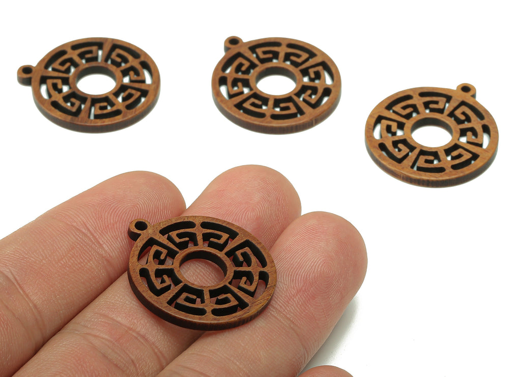 Mahogany Wood Round Charm - Coffee Color Circle Earring - Hollow Pendant With Loop - For Necklace - 27.8x25.1x2.4mm - BB1303 - DOMEDBAZAAR