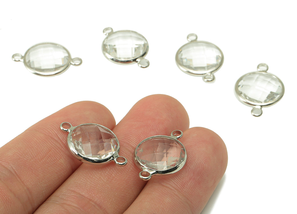 Brass Frame Circle Earring Connector - Faceted Glass Round Charm - Pendant With 2 Loops - Silver Tone Plated Brass - 18x14.8x5.5mm - GS1053S - DOMEDBAZAAR