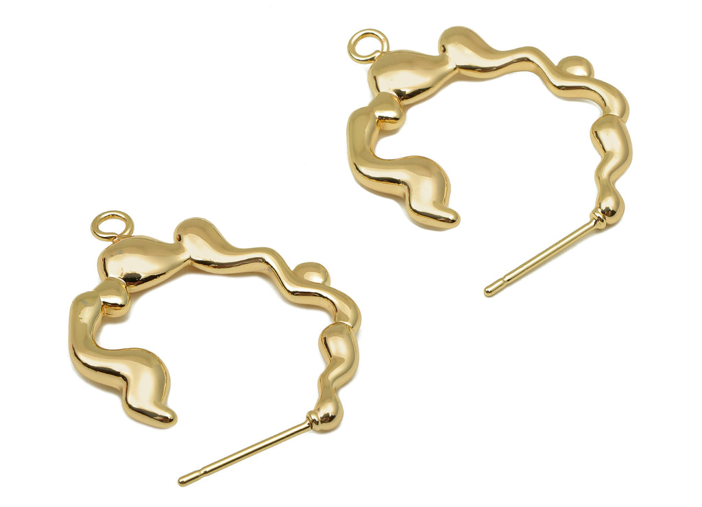 Brass Wave Earrings Clasps - Wavy Earring Hoop Stud - Curved Clasp With Loop - Gang Zheng - 18K Real Gold Plating - 29.1x22.1x2.2mm -RGP5769 - DOMEDBAZAAR