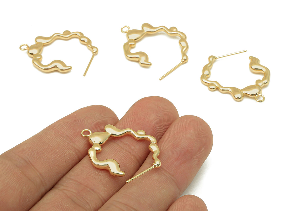 Brass Wave Earrings Clasps - Wavy Earring Hoop Stud - Curved Clasp With Loop - Gang Zheng - 18K Real Gold Plating - 29.1x22.1x2.2mm -RGP5769 - DOMEDBAZAAR