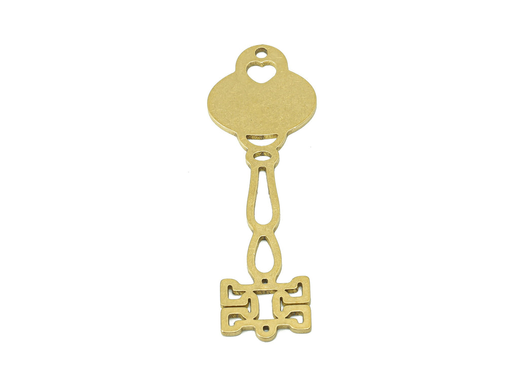 Brass Column Earring Connector - Raw Brass Heart Cutout Earring - Pendant With Loop - Antique Looking Key Charm - 44.9x14.4x0.9mm - PPA7183 - DOMEDBAZAAR