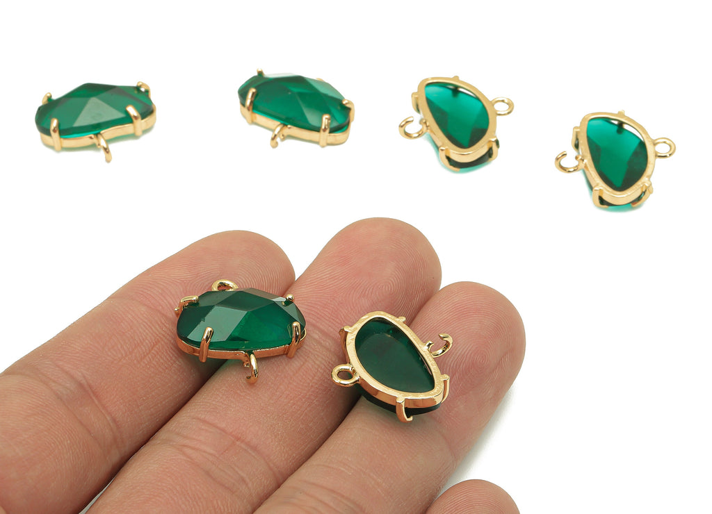 Brass Frame Oval Glass Earring Connector - Clear Green Pendant With 2 Loops - Gold Tone Plating - Faceted Glass - 18.8x17.6x6.4mm - GS1153 - DOMEDBAZAAR