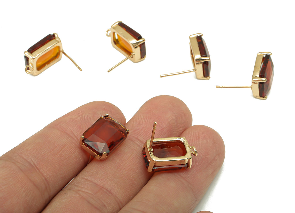Brass Frame Rectangle Stud Earring - Faceted Clear Orange Glass With Loop - Stainless Steel - Gold Tone Plating - 16.5x10.3x5.2mm - GS1155C - DOMEDBAZAAR