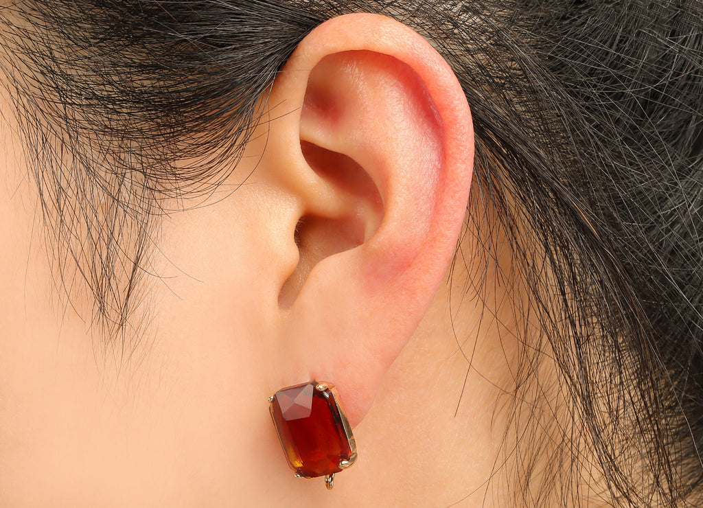 Brass Frame Rectangle Stud Earring - Faceted Clear Orange Glass With Loop - Stainless Steel - Gold Tone Plating - 16.5x10.3x5.2mm - GS1155C - DOMEDBAZAAR