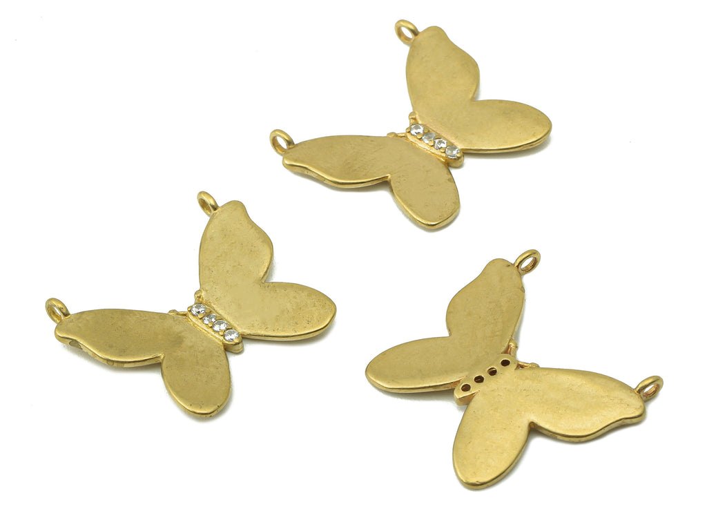 Brass Butterfly Earring Connectors - Cubic Zirconia CZ Necklace Charms - Raw Brass Butterfly Pendant With 2 Loop - 21.3x19.3x1.02mm - PP8227 - DOMEDBAZAAR