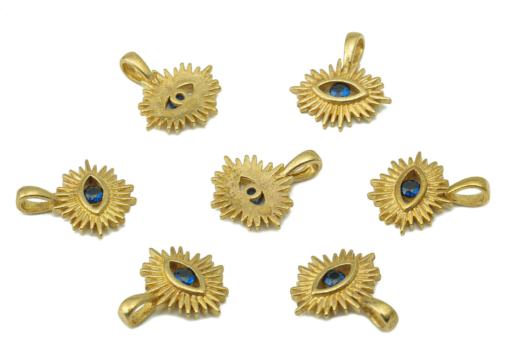 Brass Blue Eye Necklace Charms - Raw Brass Eye Pendant With Cubic Zirconia CZ - Eyelash Charms With Loop - 14.63x12.8x1.8mm -PP8231 - DOMEDBAZAAR