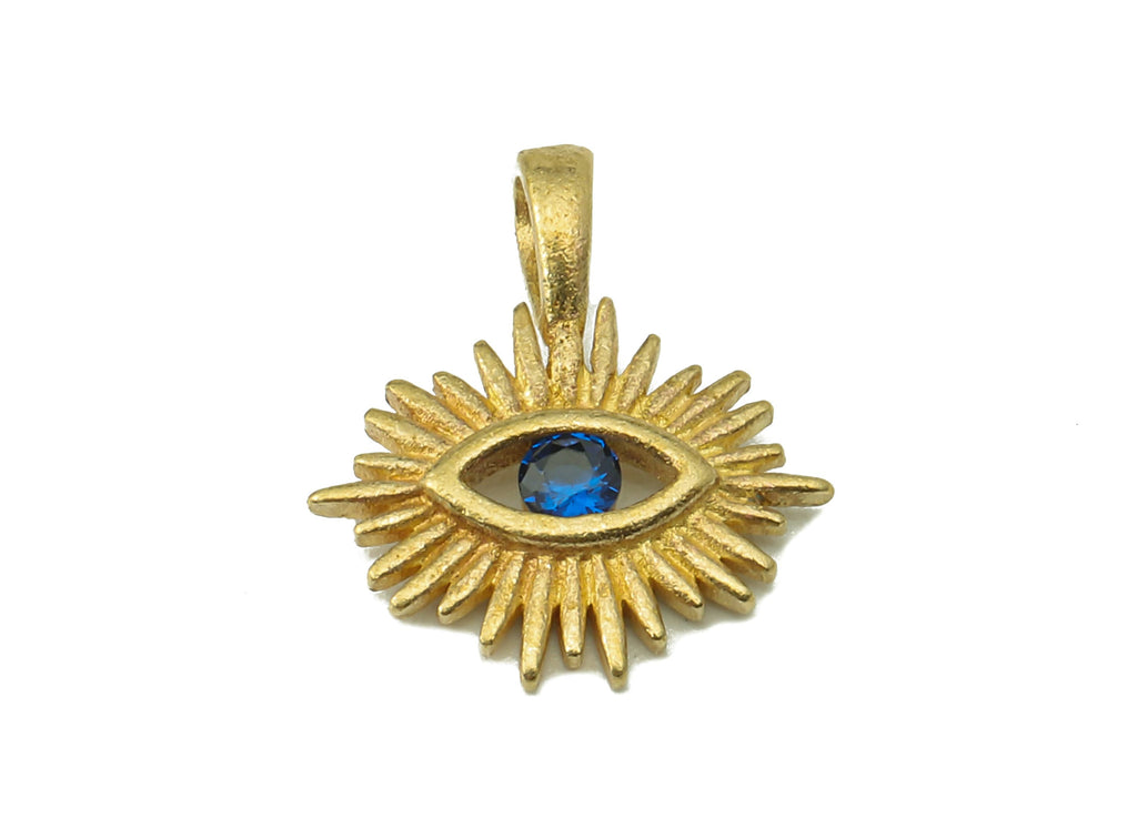 Brass Blue Eye Necklace Charms - Raw Brass Eye Pendant With Cubic Zirconia CZ - Eyelash Charms With Loop - 14.63x12.8x1.8mm -PP8231 - DOMEDBAZAAR