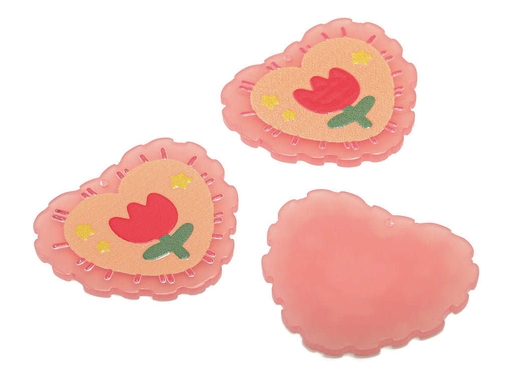 Acrylic Flower Heart Earring Charm - Red Rose Star Pink Heart Earring - Pendant With Hole - Charm For Necklace - 37.8x33x2.7mm - AC2572 - DOMEDBAZAAR