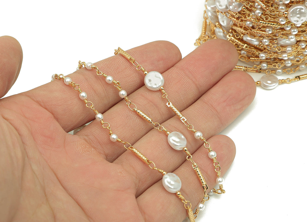 Brass Bar Satellite Cable Chain - Gold Satellite Chain - Pearl Round Satellite Bead Chain - 18K Chains - 18.3x8x3.3mm - RGP5908 - DOMEDBAZAAR