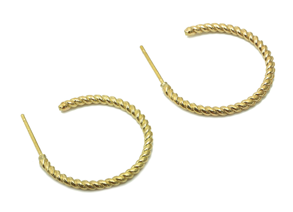 Brass Twisted Hoop Earrings Stud - Raw Brass Open Round C Earring Post - Hoop Stud Earring - 925 Silver Needles - 24.5x29.6x1.9mm - PP8005 - DOMEDBAZAAR