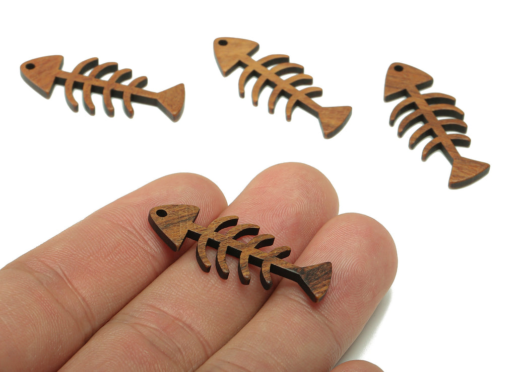 Mahogany Wood Fish Bone Earring Charm - Coffee Color Fish Earring - Hollow Pendant With Hole - Charm For Necklace - 34.8x14.3x2.2mm - BB1300 - DOMEDBAZAAR