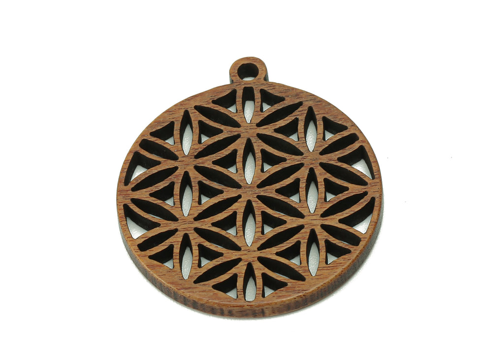 Mahogany Wood Flower Round Charm - Coffee Color Flower Circle Earring - Hollow Pendant With Loop - For Necklace - 28.9x26.1x2.3mm - BB1302 - DOMEDBAZAAR