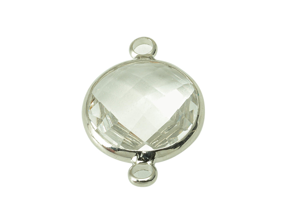 Brass Frame Circle Earring Connector - Faceted Glass Round Charm - Pendant With 2 Loops - Silver Tone Plated Brass - 18x14.8x5.5mm - GS1053S - DOMEDBAZAAR