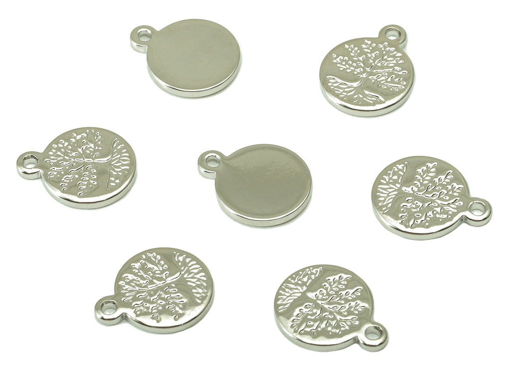 Brass Mini Round Charms - Circle Life Tree Earring - Tree Root Pendant With Loop - 18K Real White Gold Plating - 12.6x10.1x1.3mm - RGP4201S - DOMEDBAZAAR