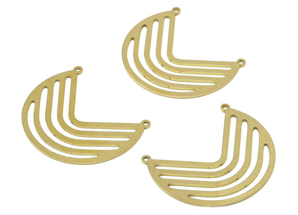 Brass Geometry Fan Connector - Raw Brass Bent Hollow Earring - Open Round Pendant With 2 Loops - For Necklace - 37.8x29.3x0.9mm - PPA7152 - DOMEDBAZAAR