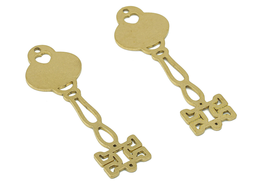 Brass Column Earring Connector - Raw Brass Heart Cutout Earring - Pendant With Loop - Antique Looking Key Charm - 44.9x14.4x0.9mm - PPA7183 - DOMEDBAZAAR