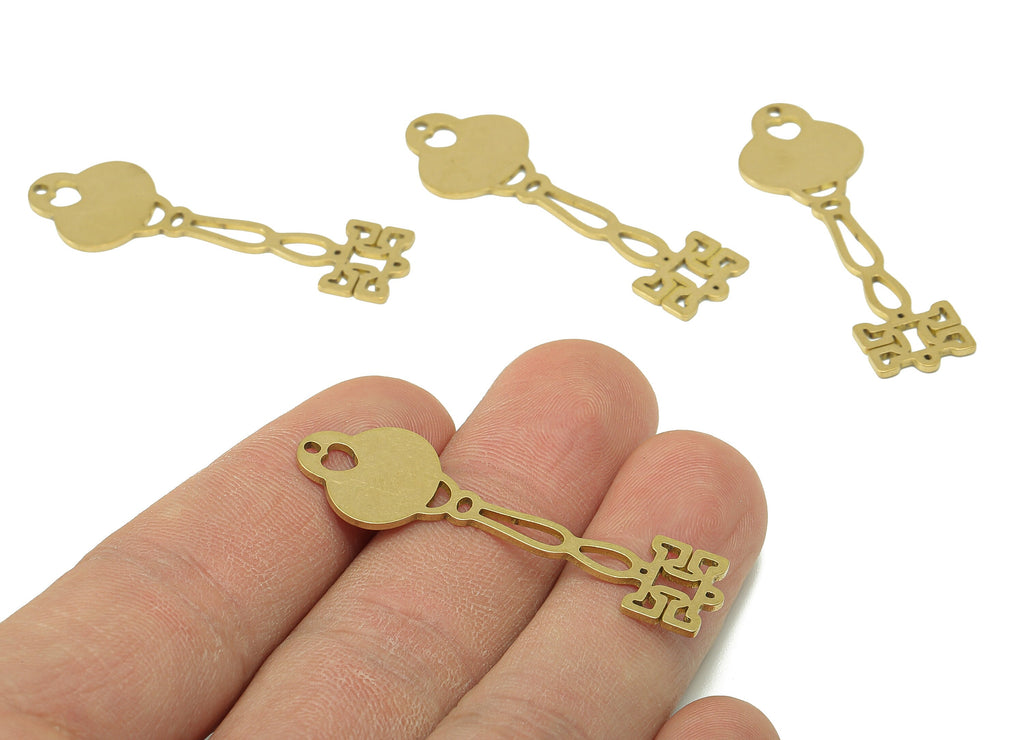 Brass Column Earring Connector - Raw Brass Heart Cutout Earring - Pendant With Loop - Antique Looking Key Charm - 44.9x14.4x0.9mm - PPA7183 - DOMEDBAZAAR