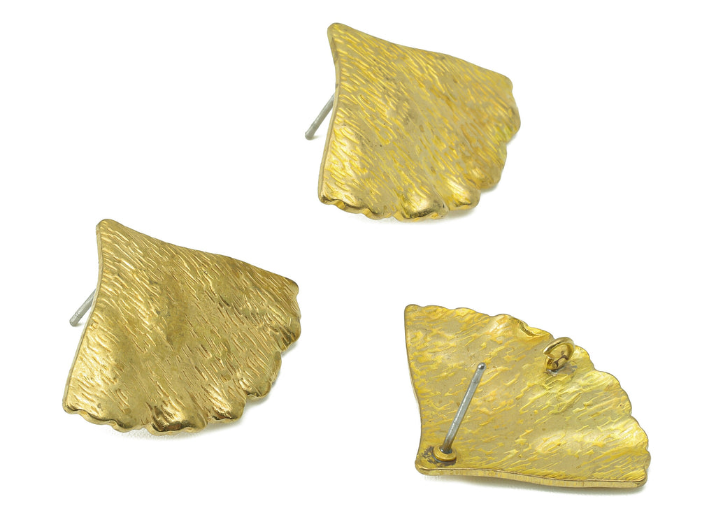 Brass Ginkgo Biloba Leaf Stud Earring - Raw Brass Textured Earring Post With Loop - 316 Stainless Steel Stud - 28.01x21.07x1.19mm - PP8215 - DOMEDBAZAAR