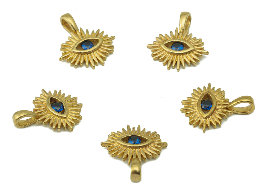 Brass Blue Eye Necklace Charms - Raw Brass Eye Pendant With Cubic Zirconia CZ - Eyelash Charms With Loop - 14.63x12.8x1.8mm -PP8231 - DOMEDBAZAAR