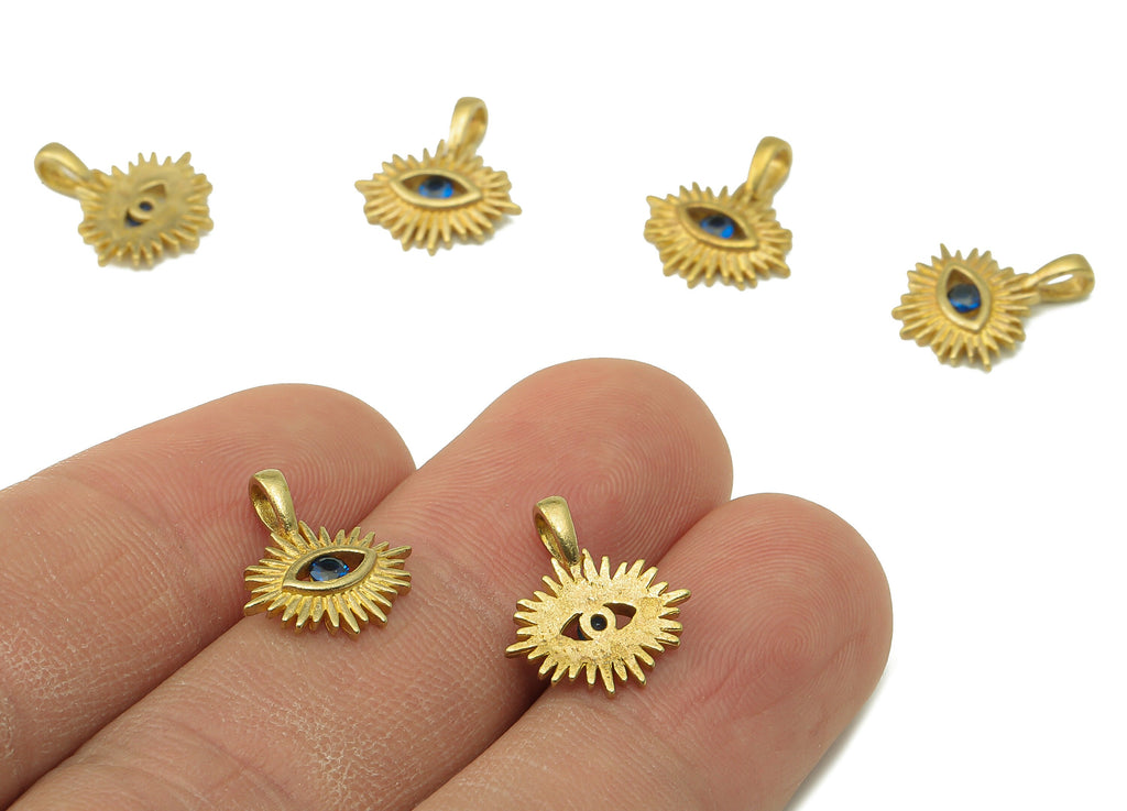 Brass Blue Eye Necklace Charms - Raw Brass Eye Pendant With Cubic Zirconia CZ - Eyelash Charms With Loop - 14.63x12.8x1.8mm -PP8231 - DOMEDBAZAAR