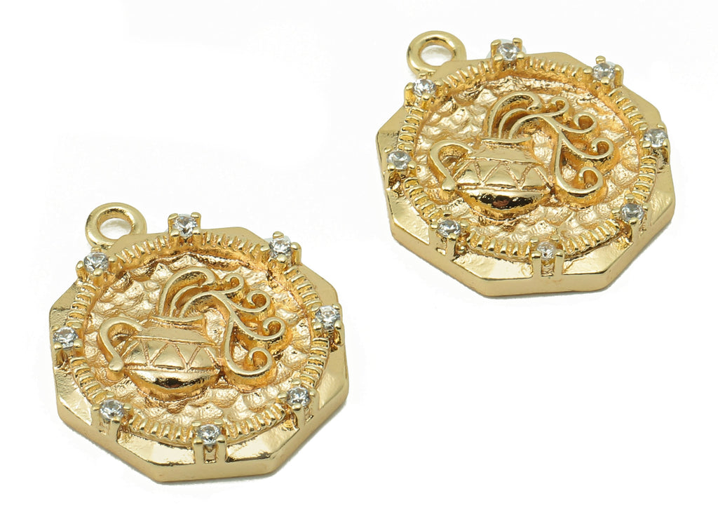 Brass Aquari Octagon Earring Charms - Hummered Vase Zirconia Charms - Pendant With Loop - 18K Real Gold Plating -17.57x13.99x2.93mm- RGP5825 - DOMEDBAZAAR