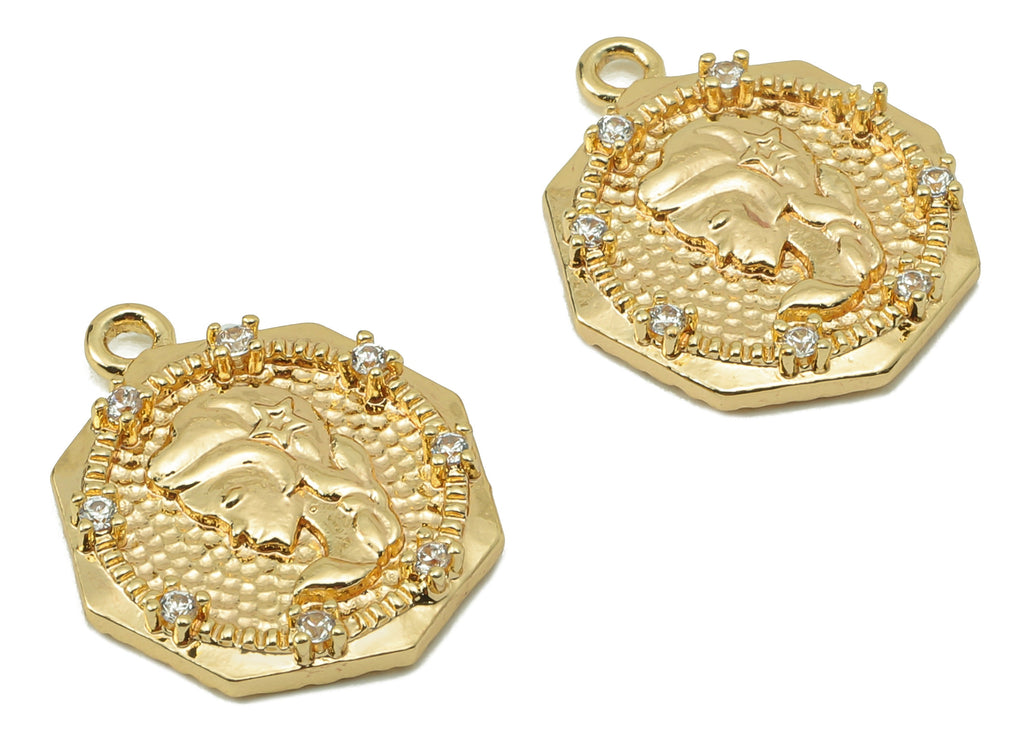 Brass Virgo Octagon Earring Charms - Hammered Girl Zirconia CZ Charms - Pendant With Loop - 18K Real Gold Plating-17.31x14.75x2.36mm-RGP5827 - DOMEDBAZAAR
