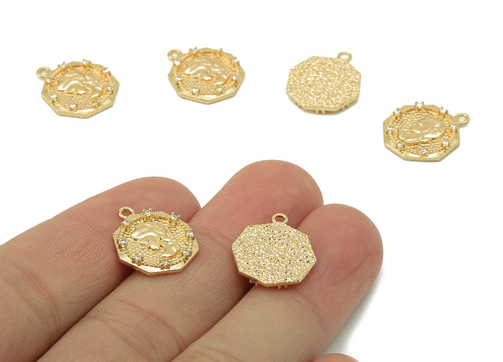 Brass Virgo Octagon Earring Charms - Hammered Girl Zirconia CZ Charms - Pendant With Loop - 18K Real Gold Plating-17.31x14.75x2.36mm-RGP5827 - DOMEDBAZAAR