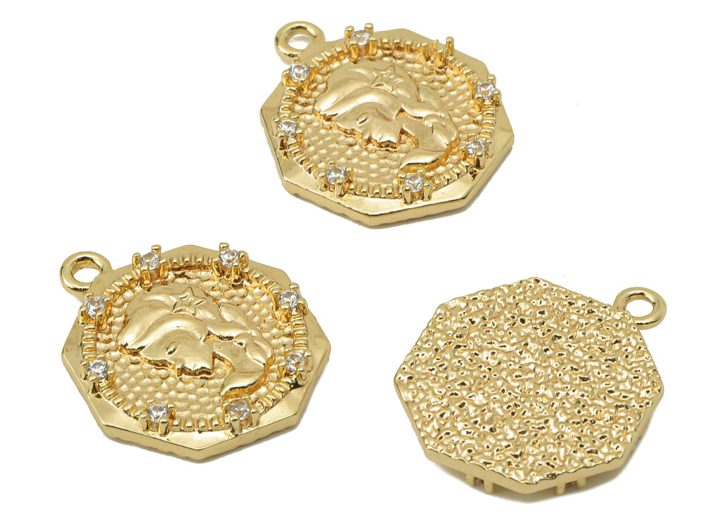 Brass Virgo Octagon Earring Charms - Hammered Girl Zirconia CZ Charms - Pendant With Loop - 18K Real Gold Plating-17.31x14.75x2.36mm-RGP5827 - DOMEDBAZAAR