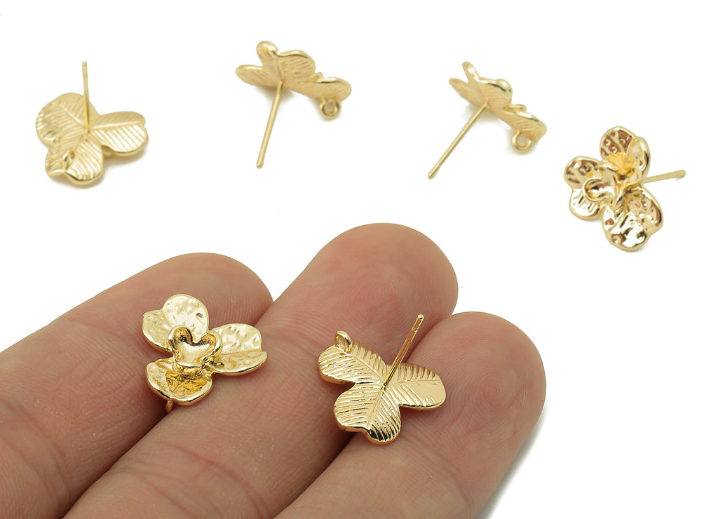 Brass Flower Earring Post -Brass Hammered Stud - Flower Stud Earring - 18K Real Gold Plating -14.94x 13.85x 1.78mm-RGP5849 - DOMEDBAZAAR