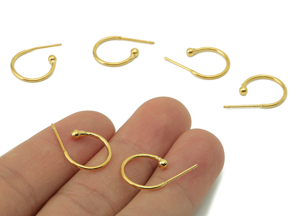 Brass C Hoop Stud Earring - Brass Open Hoop Earring Stud and Earring Post - Mini Ball Post-18K Real Gold Plating -22.13x13.87x 1.2mm-RGP5855 - DOMEDBAZAAR