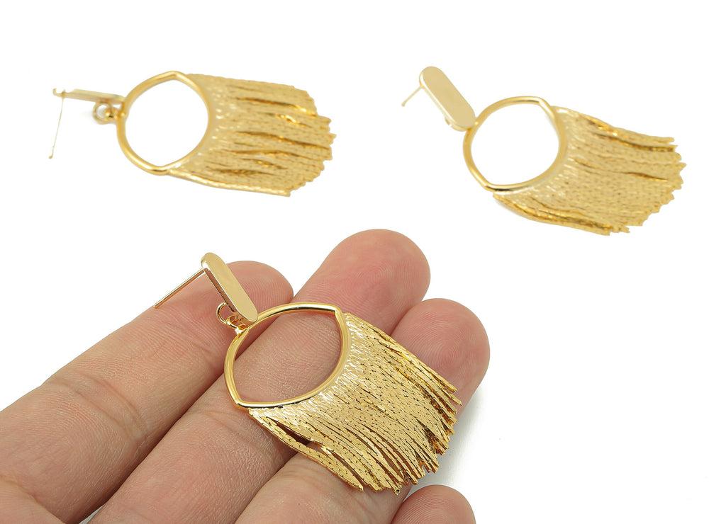 Brass Snake Chain Tassel Earring - Brass Hanging Chains Earring Post - Eye Snake Chain Stud-18K Real Gold Plating-52.51x28.76x1.48mm-RGP5874 - DOMEDBAZAAR
