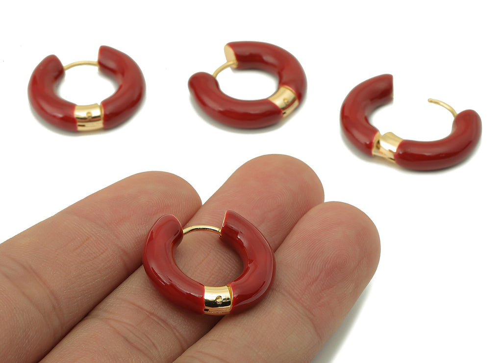 Stainless Steel Circle Earring Clasps - Red Enamel Thick Hoop Earring - Huggie Hoop Clasp -18K Real Gold Plating-23.48x21.37x5.54mm-RGP5888E - DOMEDBAZAAR