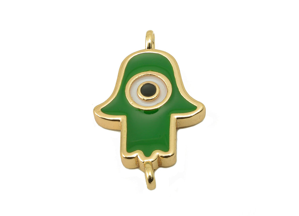 Brass Mamsa Earring Connector - Brass Green Enamel Pendant with Loop -Enamel For Bracelet -18K Real Gold Plating-21.05x12.88x2.42mm-RGP5890B - DOMEDBAZAAR