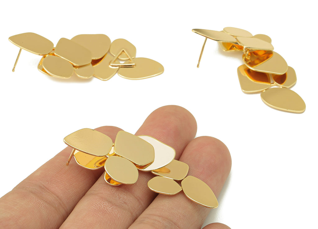 Brass Leaf Stud Earring - Brass Irregular Earring Post- Hanging Leaf Earring Stud - 18K Real Gold Plating-57.83x 30.73x0.58mm-RGP5958 - DOMEDBAZAAR