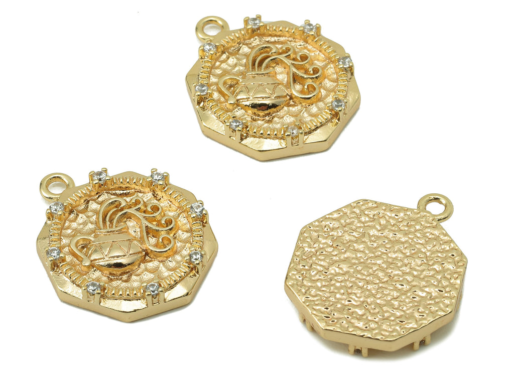 Brass Aquari Octagon Earring Charms - Hummered Vase Zirconia Charms - Pendant With Loop - 18K Real Gold Plating -17.57x13.99x2.93mm- RGP5825 - DOMEDBAZAAR