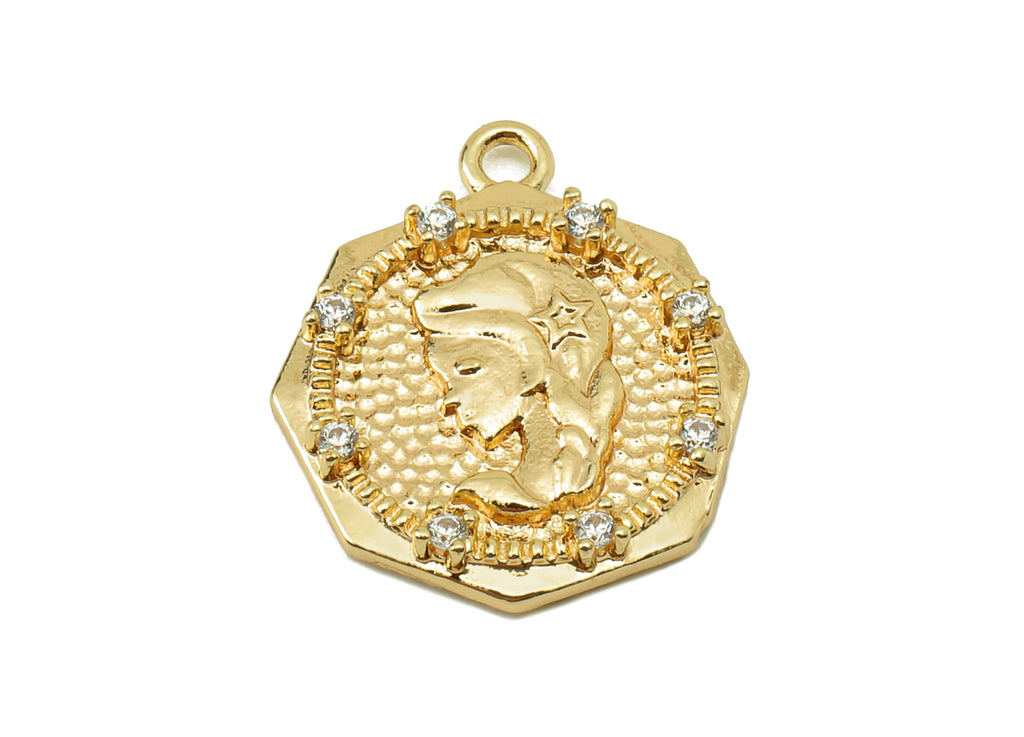 Brass Virgo Octagon Earring Charms - Hammered Girl Zirconia CZ Charms - Pendant With Loop - 18K Real Gold Plating-17.31x14.75x2.36mm-RGP5827 - DOMEDBAZAAR