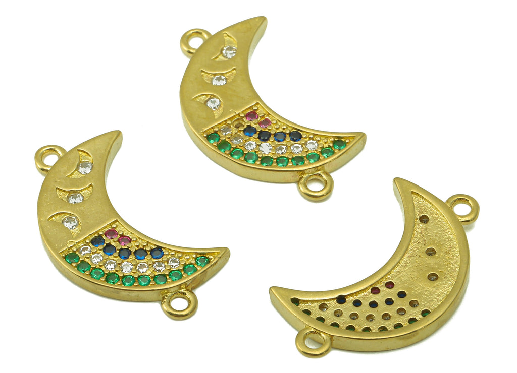 Brass Moon Earring Charms - Raw Brass Cubic Zirconia Rainbow Moon Connector - CZ Crescent Connector - For Necklace - 22.25x13x1.8mm - PP7628 - DOMEDBAZAAR
