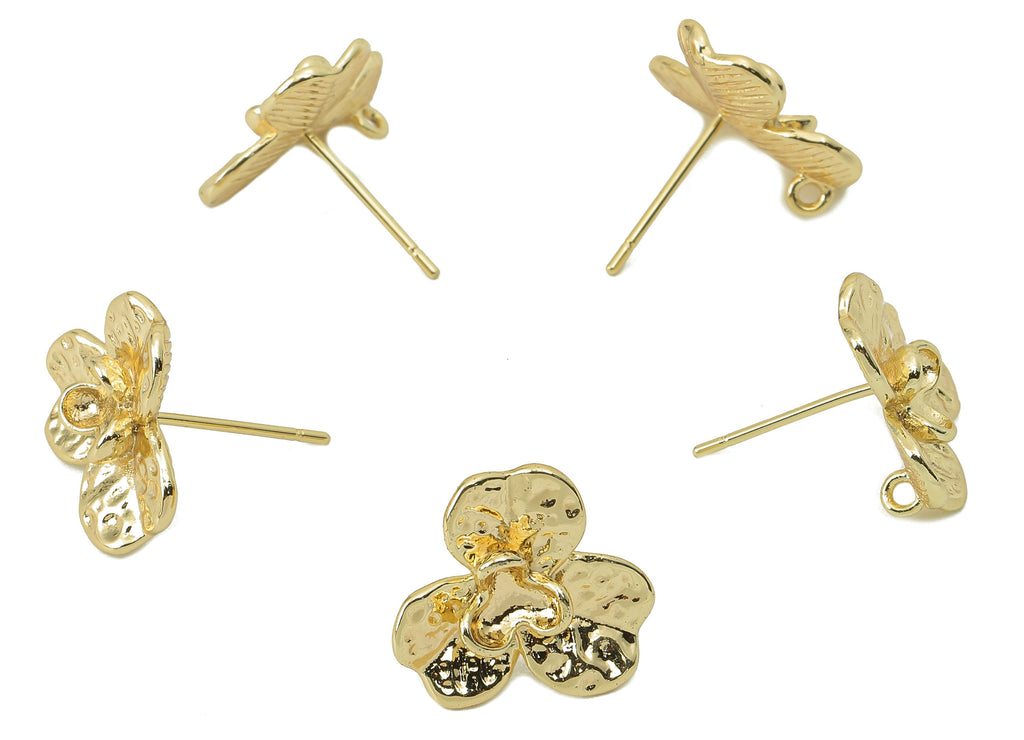 Brass Flower Earring Post -Brass Hammered Stud - Flower Stud Earring - 18K Real Gold Plating -14.94x 13.85x 1.78mm-RGP5849 - DOMEDBAZAAR