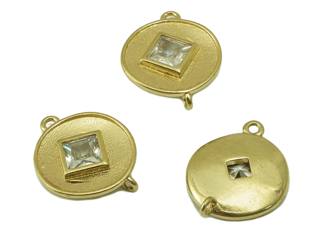 Brass Circle Earring Charms - Raw Brass Square Cubic Zirconia - For Necklace - CZ Circle Connector - Jewelry Making - 14x11.3x2.8mm - PP8570 - DOMEDBAZAAR