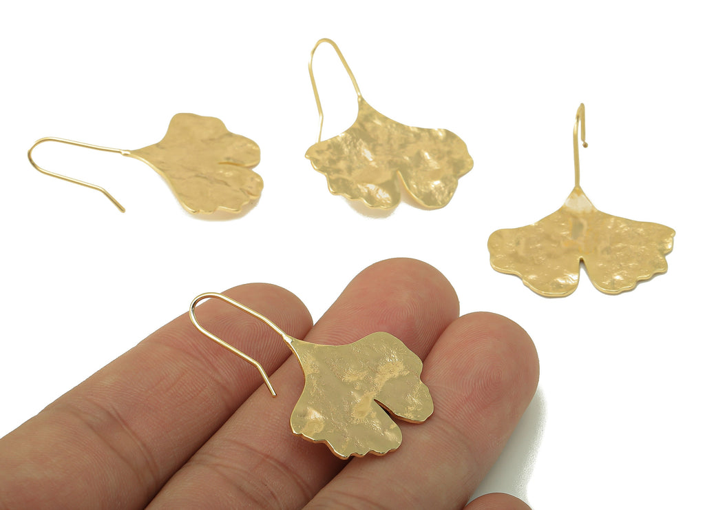 Brass Wires Ginkgo Earring - Brass Ear Leaf Earring -Textured Botanical Earring- 18K Real Gold Plating - 37.34x 29.27x 1.24mm - RGP6077 - DOMEDBAZAAR