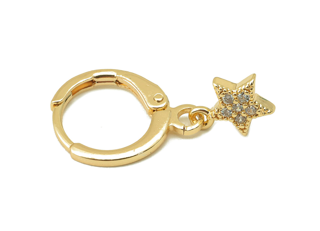 Brass Clasp Earring - Brass CZ Star Lever back Earring Huggie - Cubic Zirconia Star Hoop - 18K Real Gold Plating -22.6x11.2x1.34mm - RGP6102 - DOMEDBAZAAR