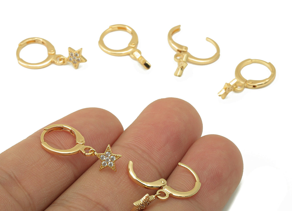 Brass Clasp Earring - Brass CZ Star Lever back Earring Huggie - Cubic Zirconia Star Hoop - 18K Real Gold Plating -22.6x11.2x1.34mm - RGP6102 - DOMEDBAZAAR