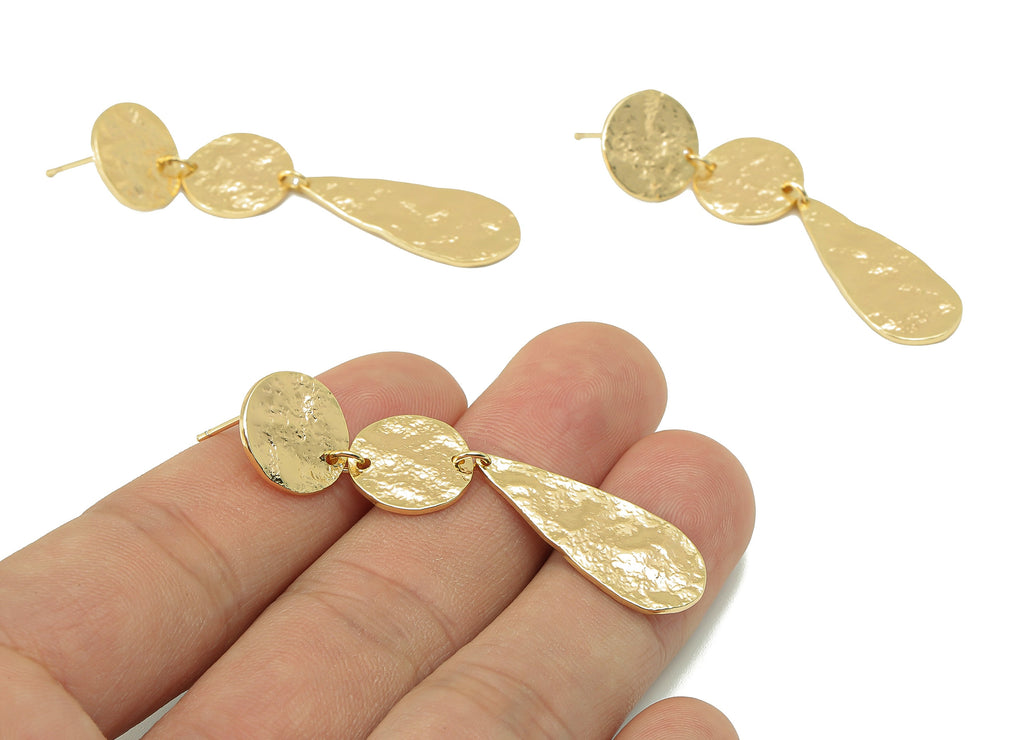 Brass Drop Earring Charm - Brass Circle Earring Stud - Hammered Stud Earring - 18K Real Gold Plating-54.32x 13.08x 1.06mm- RGP5875 - DOMEDBAZAAR