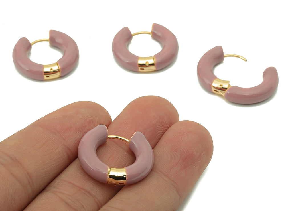 Stainless Steel Circle Earring Clasps - Pink Enamel Thick Hoop Earring-Huggie Hoop Clasp-18K Real Gold Plating-23.48x21.37x5.54mm-RGP5888C - DOMEDBAZAAR